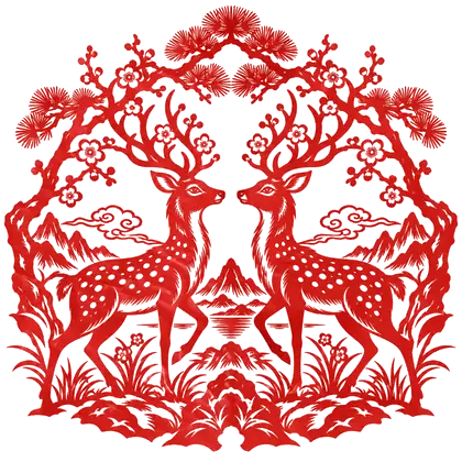 双鹿衔春剪纸纹样